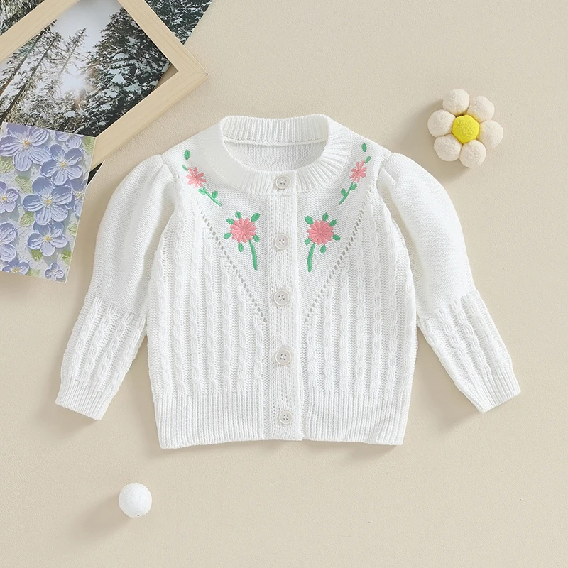 Baby Girls Autumn Winter Knit Sweater Long Sleeve Flower Embroidery Button Up Knitwear