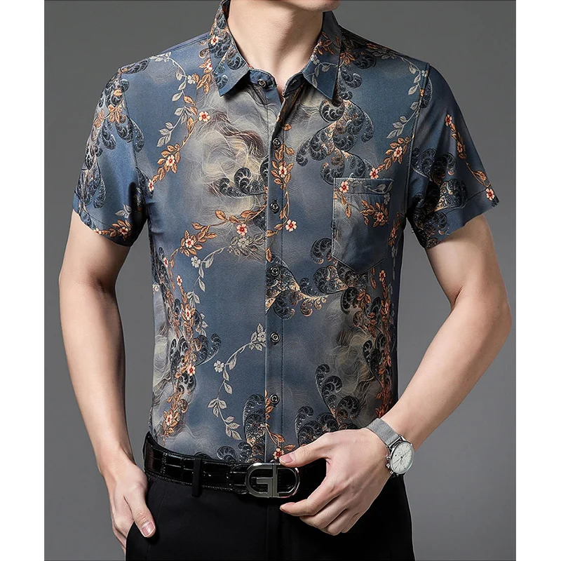 

Summer 2024 Male Turn Down Collar Personality Printing Shirt Hombre Short Sleeve Buttons Casual Blouse Homme Top Men's Clothing