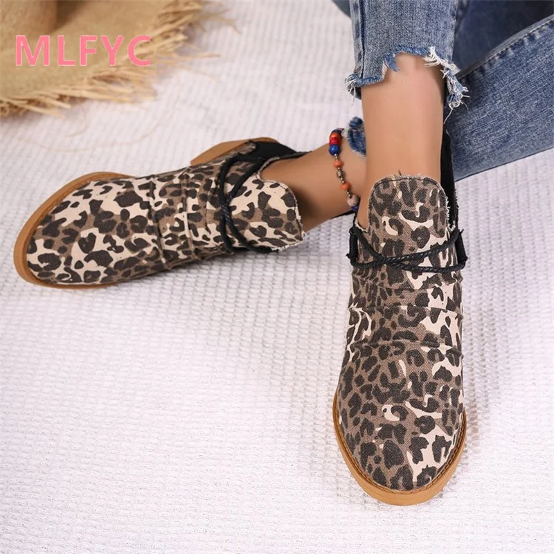 Autumn Winter Women Shoes New Pointed Square Heel Leopard Pattern Fashion Short Boots Ladies Comfortable and Simple Single Shoes