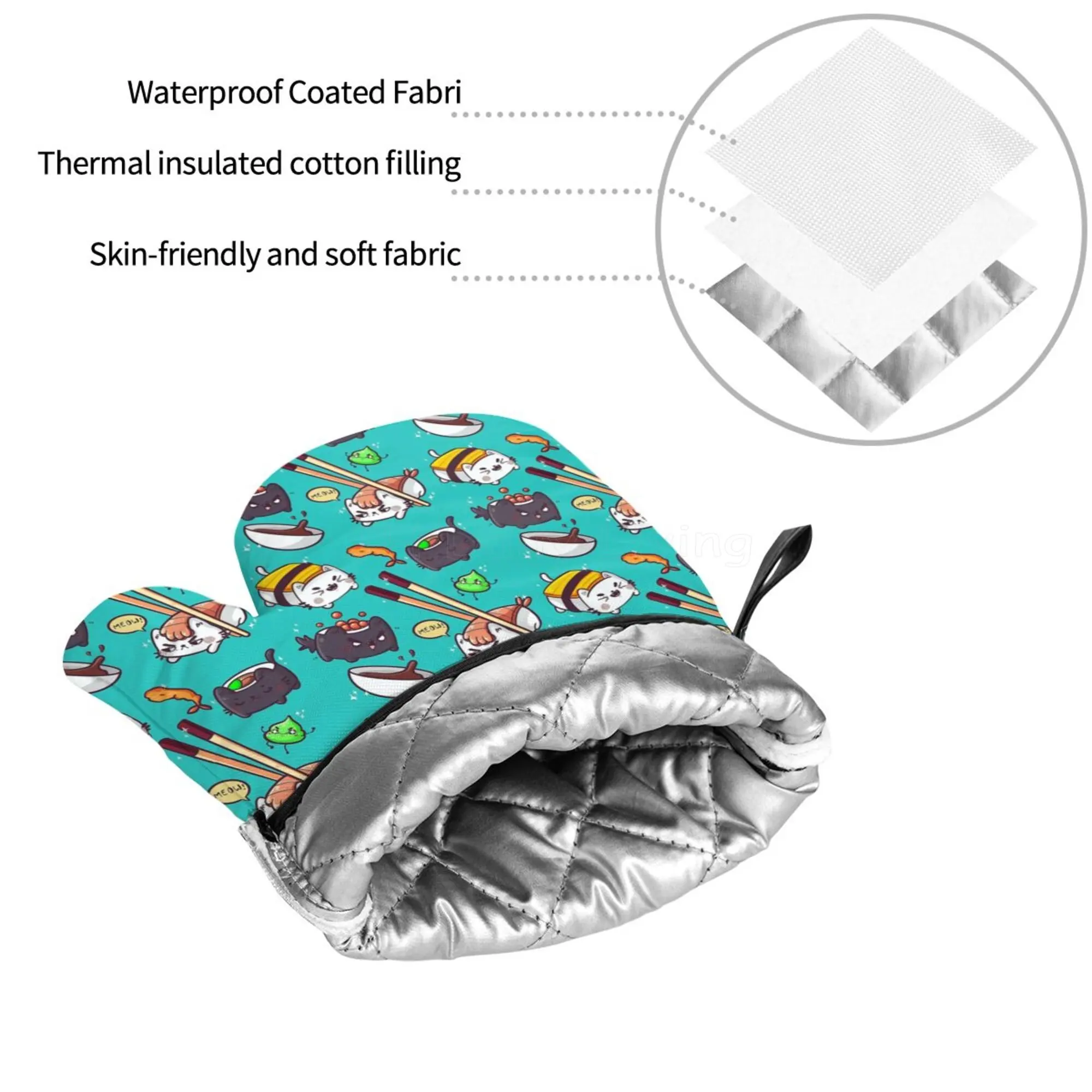 Japanese Anime Food Sushi Cat Oven Mitts and Pot Holders Sets Heat Resistant Non Slip Kitchen Oven Gloves for Cooking BBQ Baking