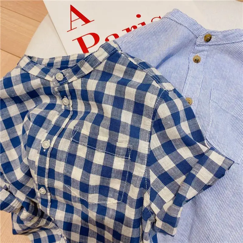 Children's Cotton Short-Sleeved Shirt Summer Boys And Girls Striped Plaid Shirts With Pocket Baby Casual Loose Tops WT820 boys short sleeve shirts