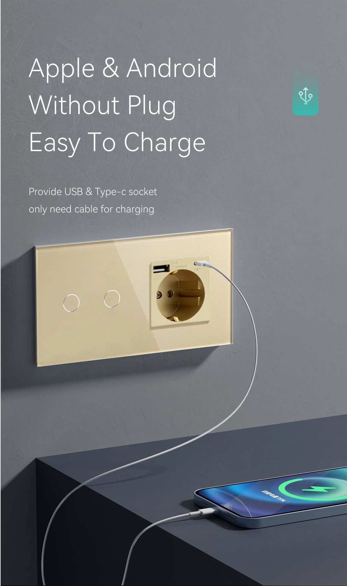 2 Gang, 3Gang Touch Switch, 1Way, Tipo-C USB