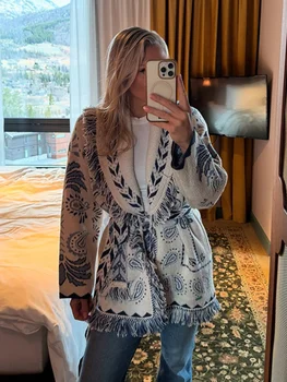 Knitted Jacquard Tassels Patchwork Cardigans Women Sweaters Long Sleeve V-neck Thicken Vacation Sweater 2025 Autumn Coats Tops 1