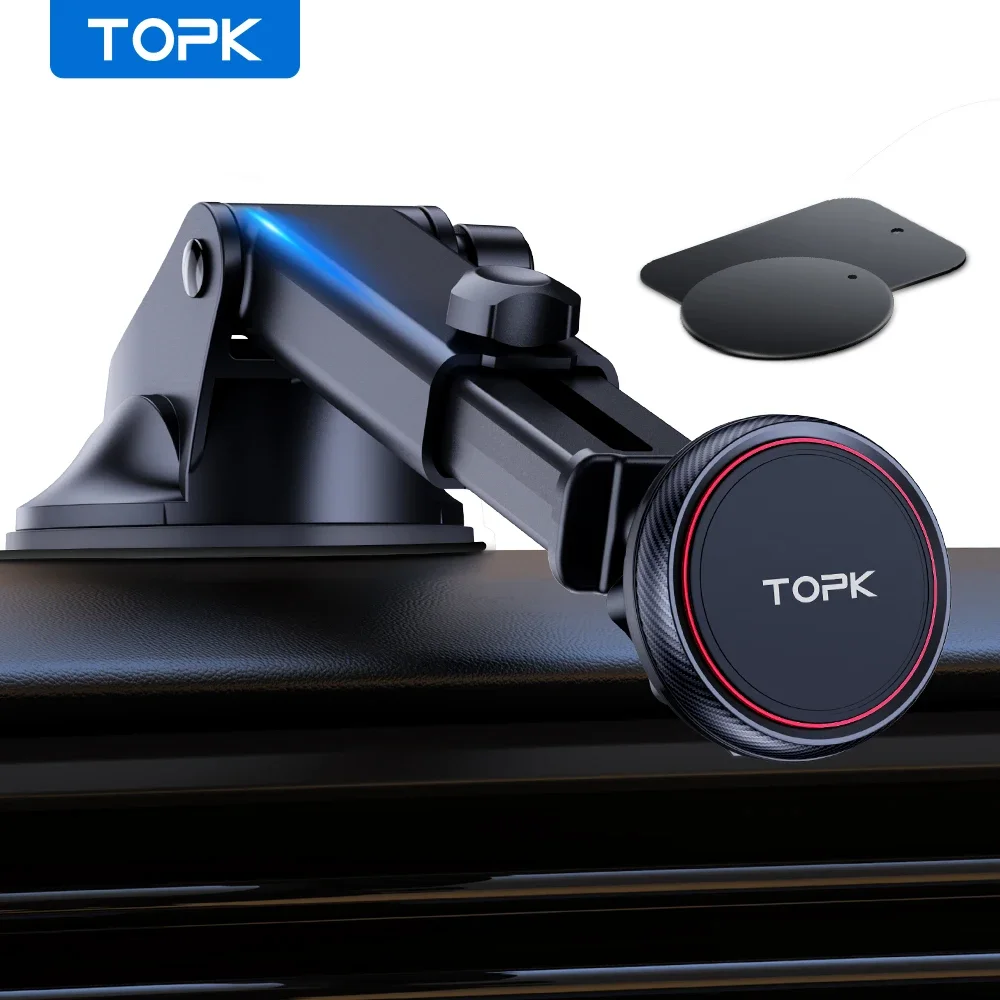 TOPK Magnetische Auto-Handyhalterung für Windschutzscheibe und Armaturenbrett, [Starke Saugkraft], verstellbarer langer Arm für Mobiltelefone