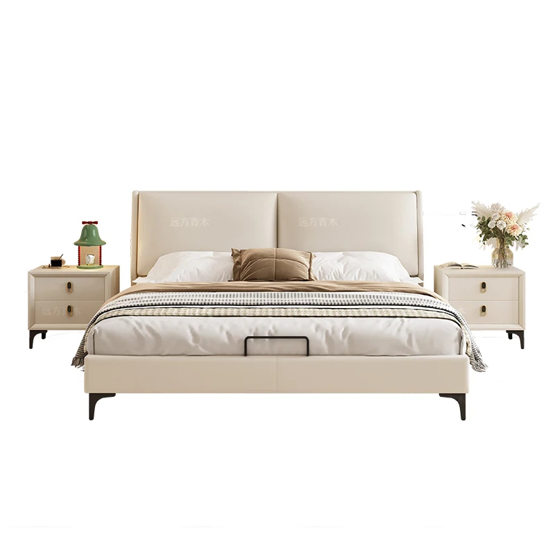 

New Italian minimalist master bedroom modern minimalist top layer cowhide high-end atmosphere double soft storage wedding bed