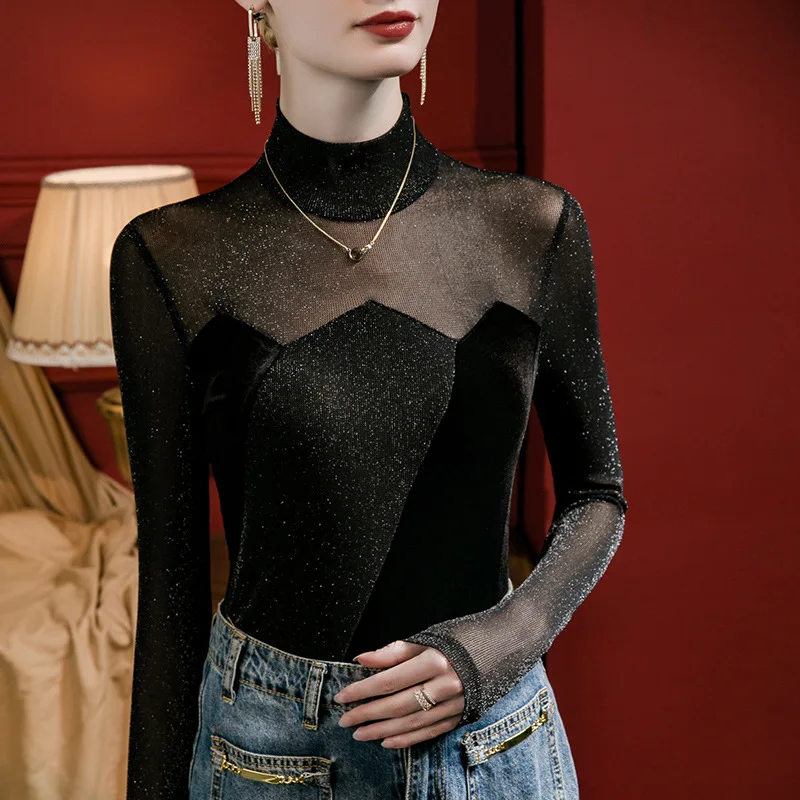 

Fashion Gauze Patchwork Half High Collar Women Bottoming Tops Spring Autumn Slim Fit Temperament Elegant Simple Female Pullovers