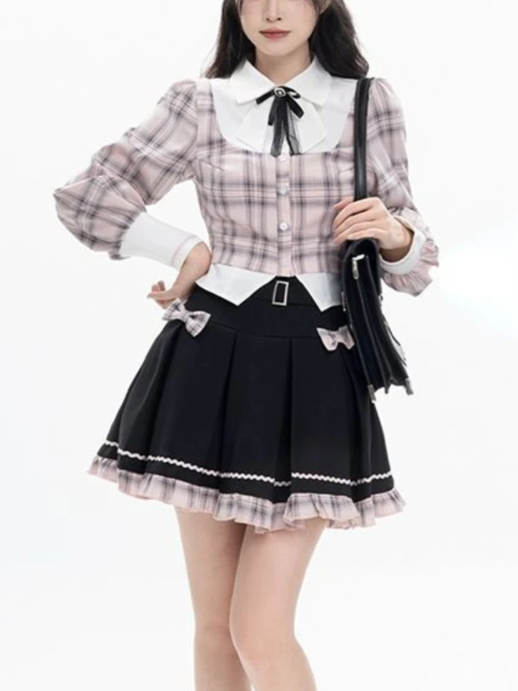 

Женский костюм JK Girl в стиле колледжа, юбка с завышенной талией и оборками в клетку в Корейском Стиле Лолита Y2K, повседневные комплекты 2024