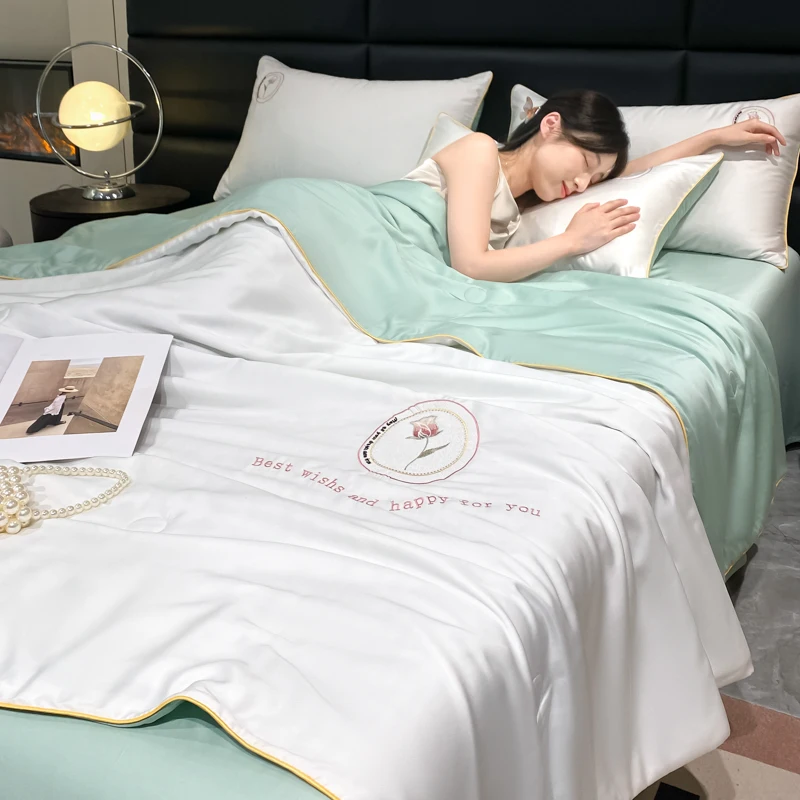 

1pc Embroidery Summer Cool Breathable Blanket Soft Smooth Ice Silk Quilt Air-conditioning Comforter