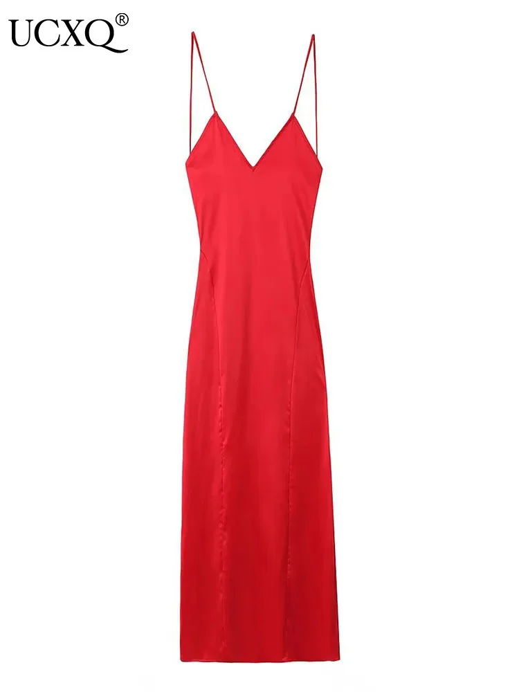 

UCXQ New Fashion European Sexy Silk Texture Underwear Dress For Women Y2k Sleeveless Lady Sling Dresses 2024 Spring Summer A7230