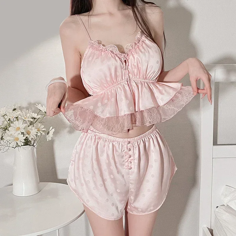 French Palace Style Ladies Pajamas Ice Silk Summer Comfortable Soft Lace Temptation Sweet Padded Tops Shorts Set Women Pajamas