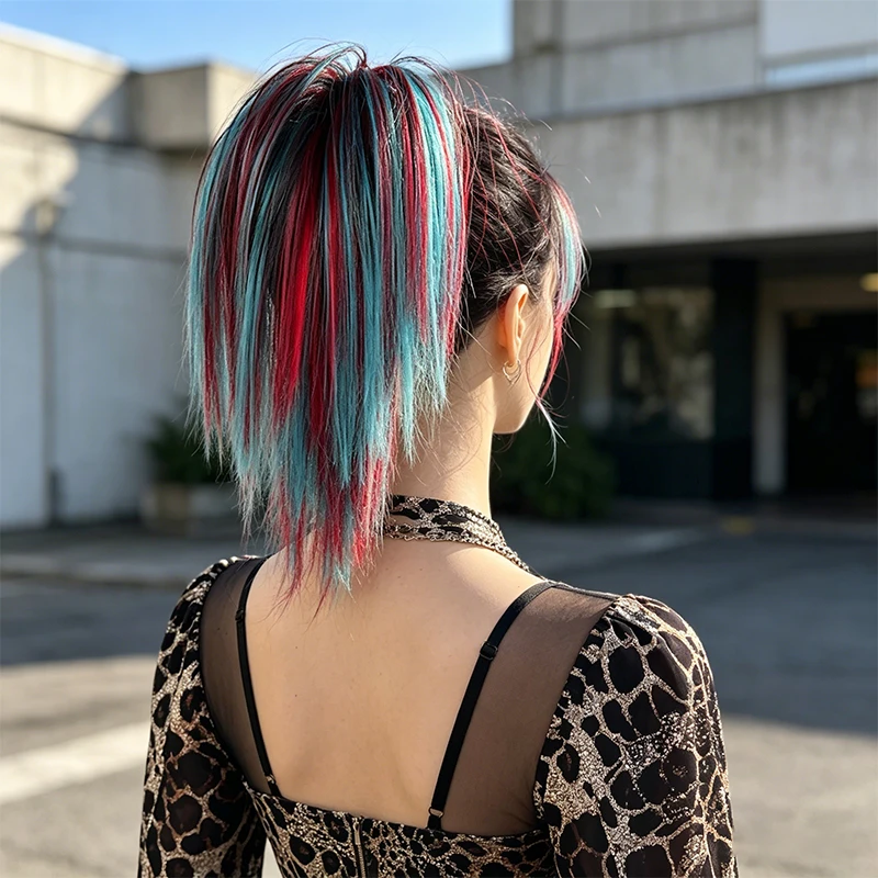 합성섬유 하이 포니테일과 큰 집게핀 ? 생동감 넘치는 레드 & 블루 옴브레, 즉각적인 볼륨과 엣지 스타일을 위한 간편한 클립온