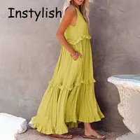 Women Casual Solid Ruffles Long Dress Summer Elegant Sleeveless Sundress Elegant Harajuku Maxi Dress Beach Party Evening Vestido - Image 5