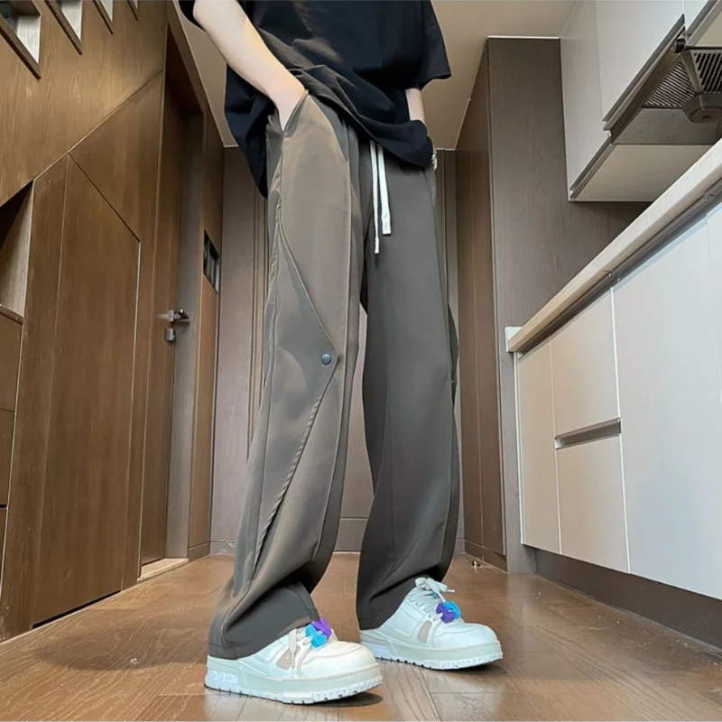 2023 Autumn New Fashion Commuter Men's Clothing Splice Buttons Drawstring Simplicity Solid Color High Waist Straight Leg Pants
