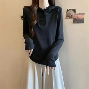 T-shirt a maniche lunghe con cappuccio in morbido pizzo glutinoso da donna Autunno e inverno Nuovo top base slim 1