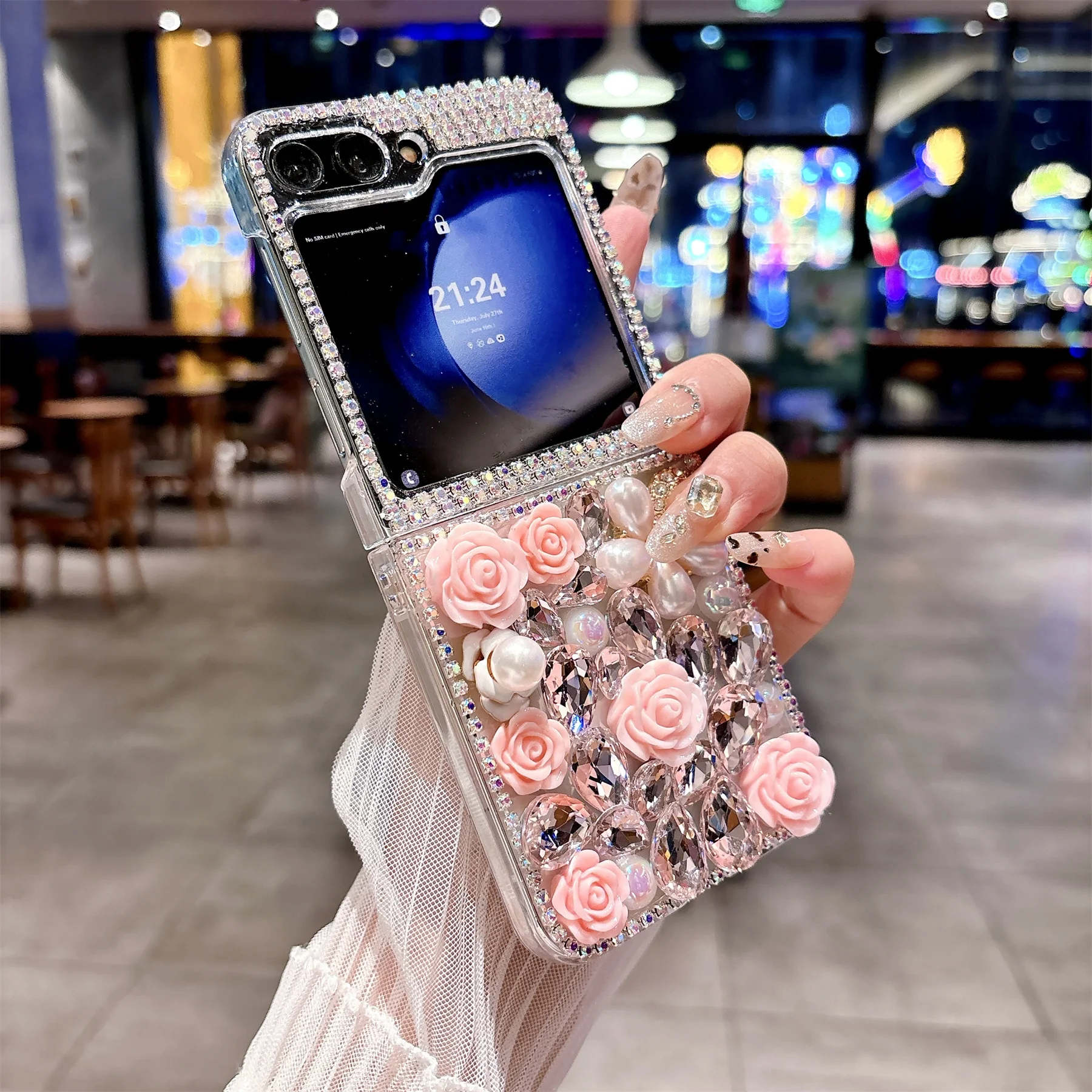 Elegant Pink Diamond Rose Flower Case - Luxury Classic Senior Edition