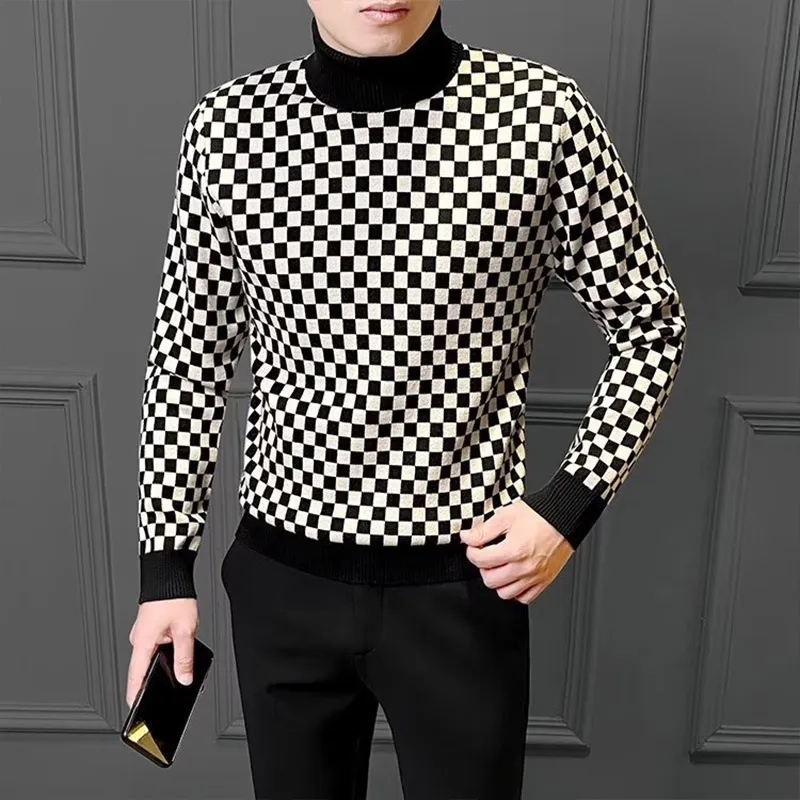 Winter KPOP Fashion Style Harajuku Slim Fit Undershirt Loose Casual All Match Knitwear Insert Lattice Lapel Long Sleeve Sweaters