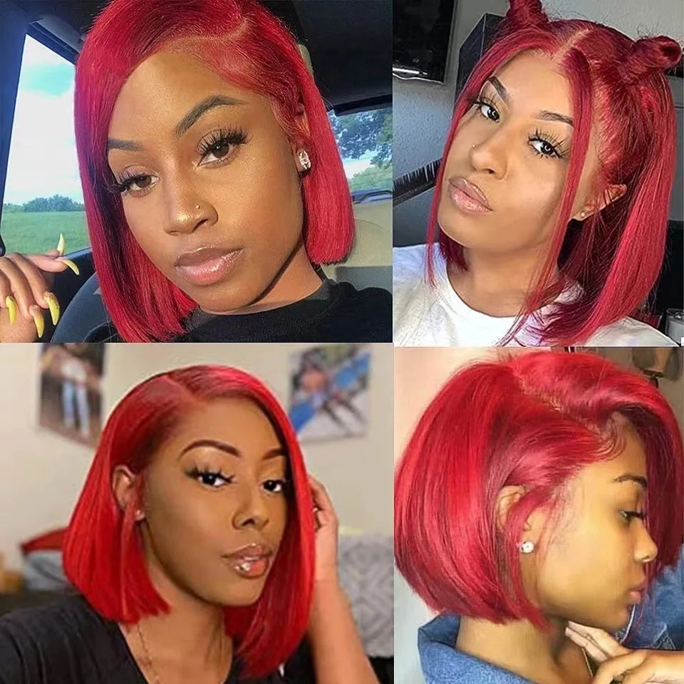 

Red Color Natural Straight Synthetic Short Bob Wig Fake Hair Wigs for Black Women Wigs Short Bob with Lace Headpiece