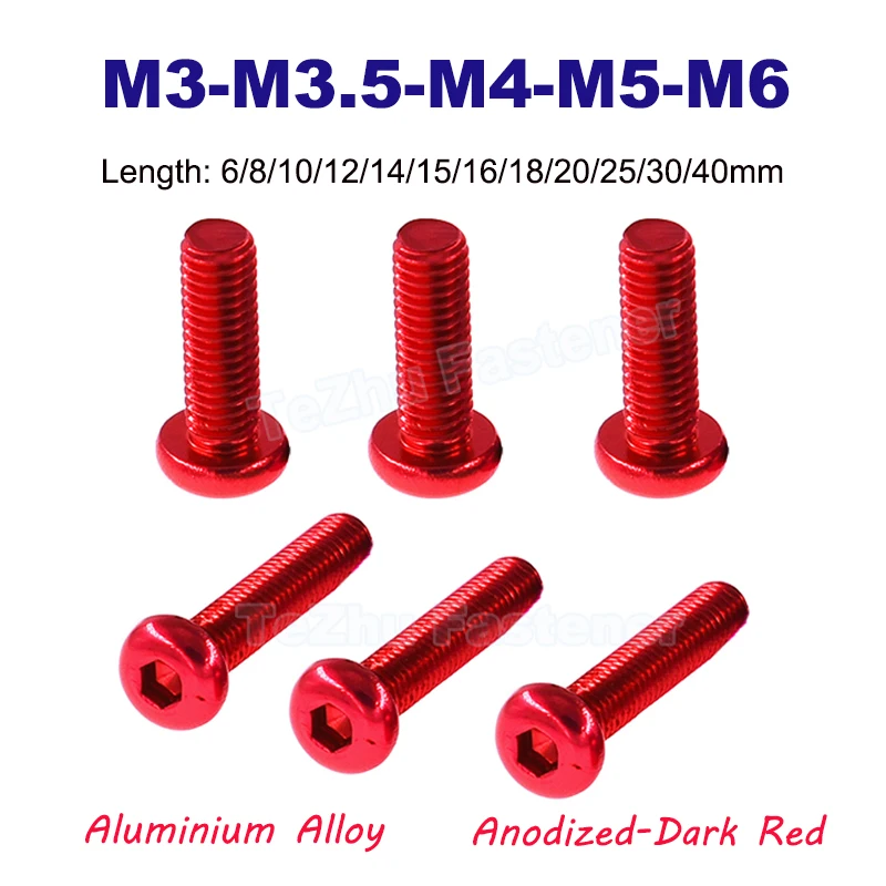 

1-10pcs M3 M3.5 M4 M5 M6 Round Aluminium Alloy Screws Hex Socket Button Head Allen Bolt Mechanical Screw Dark Red Length 6~40mm