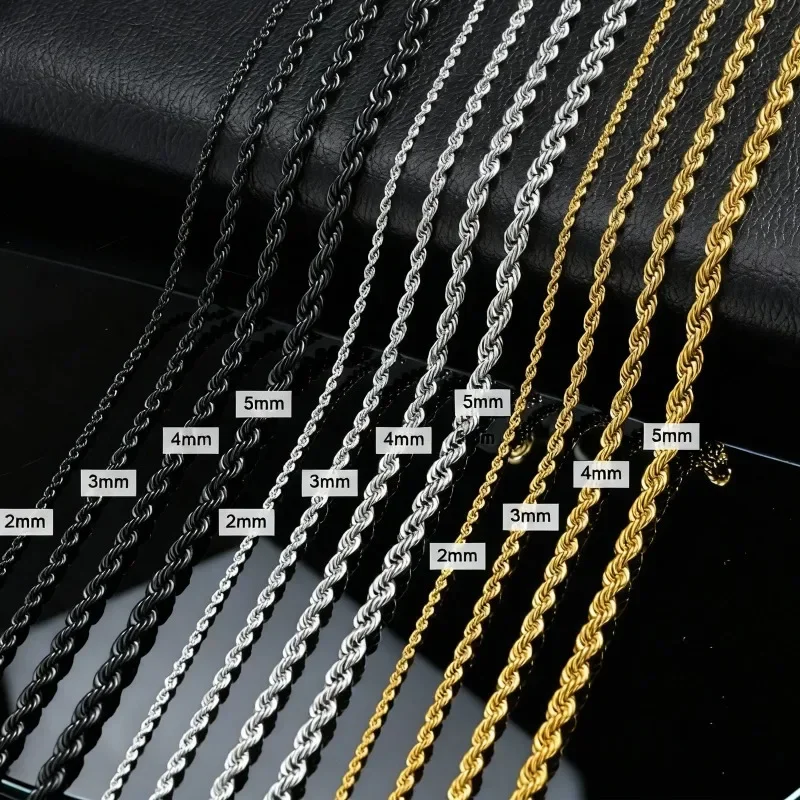 1PC-long rope necklace for men and women, stainless steel gold twisted rope chain neck, 2/3/4/5mm necklace Daily WearO 1