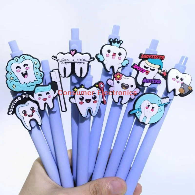 10Pcs 블루 시리즈 개폐식 젤 펜 치과 의사 치아 테마 소프트 젤 펜 스마일 치아 시리즈 볼펜 학생 문구