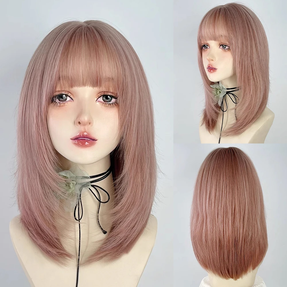 

GAKA Синтетические прямые розовые парики средней длины для женщин Лолита косплей пушистые волосы термостойкий парик для ежедневных искусств