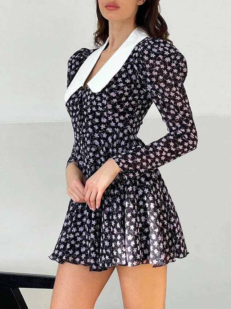 Floral-Print-Dress-Women-Elegant-Puff-Sleeve-Peter-Pan-Collar-Mini ...