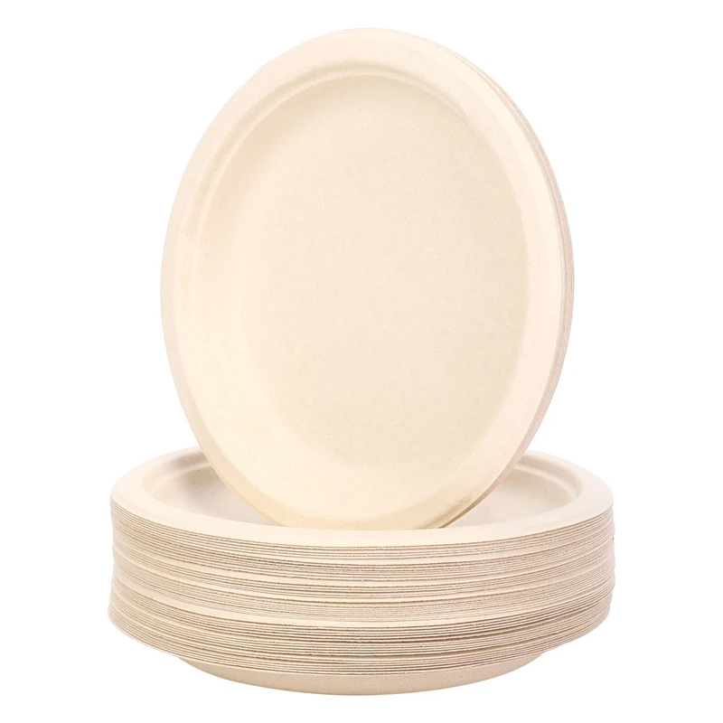 100 Pack 7In Compostable Disposable Round Bagasse Paper Plates,Biodegradable Sugarcane Fibre