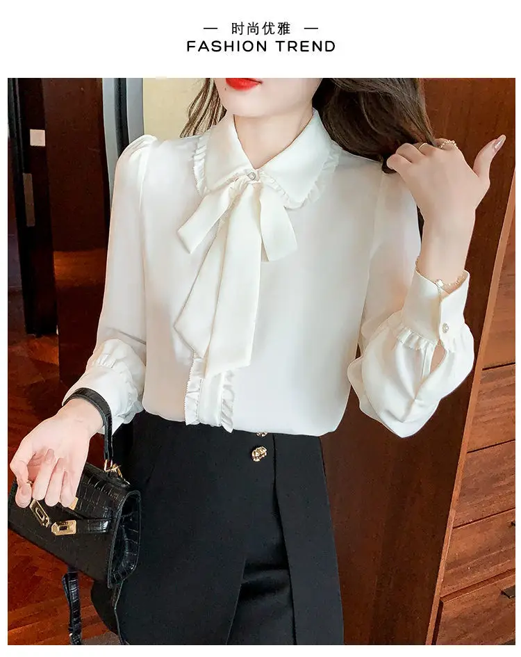 Bow Tie White Chiffon Shirt 2022 Spring Summer Korean Fashion Blouse Lace Elegant Long Sleeve Shirt for Female Casual Clothing