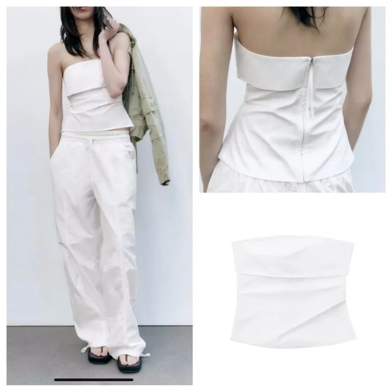 

2023 Summer new women's clothing pure desire sexy white pleats wrinkled design sense waist strapless tube top short niche top