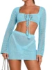 Women 2 Pieces Beachwear Outfits Square Neck Long Sleeve Tie-Up Front Knitted Cover-Ups and Sarongs Mini Skirts Set 1