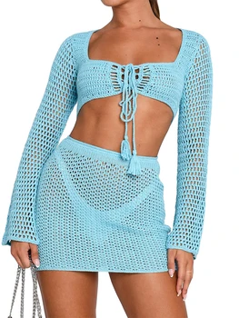 Women 2 Pieces Beachwear Outfits Square Neck Long Sleeve Tie-Up Front Knitted Cover-Ups and Sarongs Mini Skirts Set 1