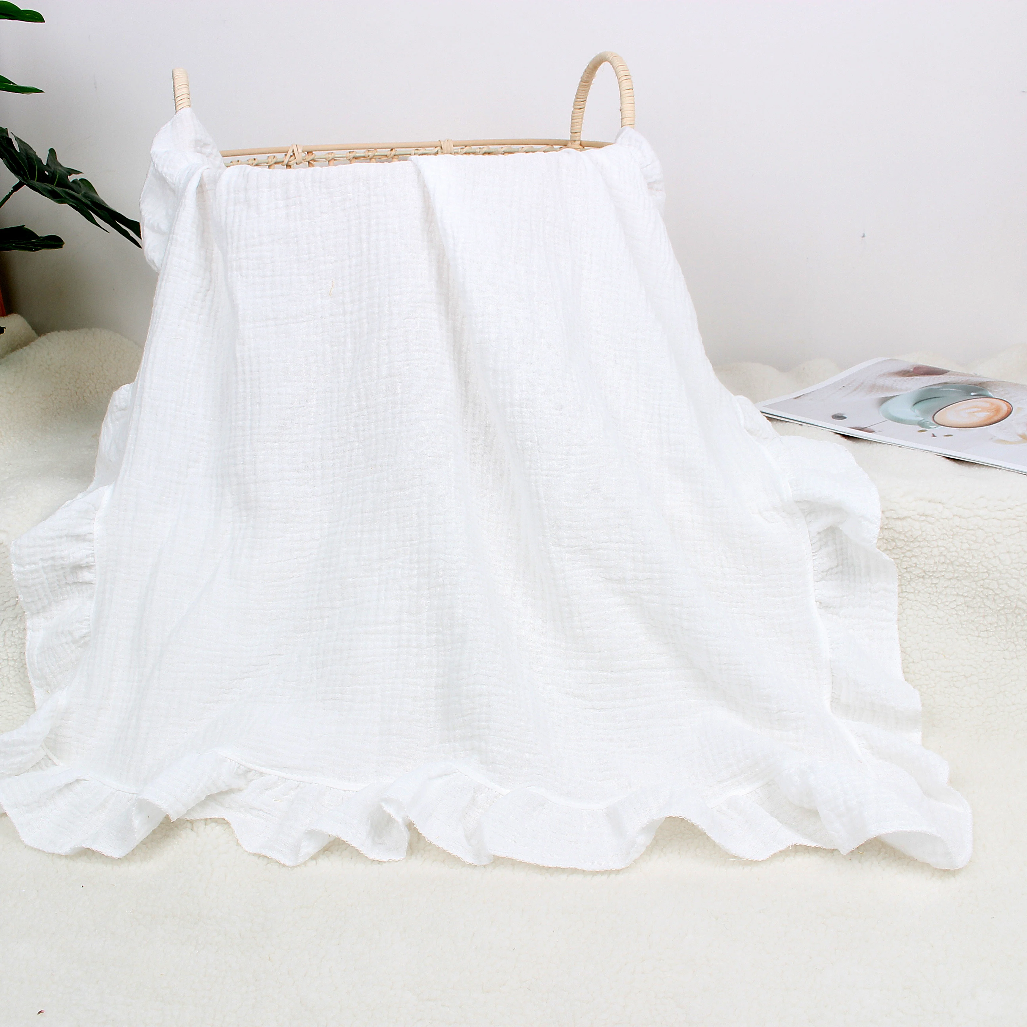Baby  Organic Cotton Wrap Gauze Ruffle Baby Blanket Newborn Security Muslin Swaddle Blanket 5