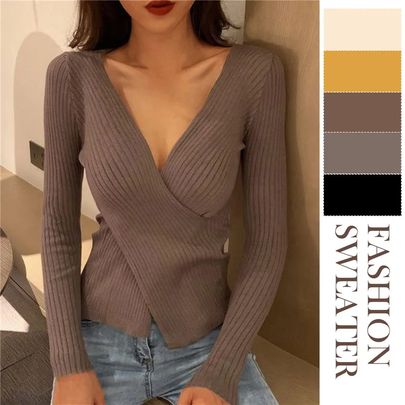 

Women Knitting Pullover Sweater Long Sleeve Bottom Shirt Slim Sexy V-Neck Sweaters Autumn Winter Soft Blouse Jumpers