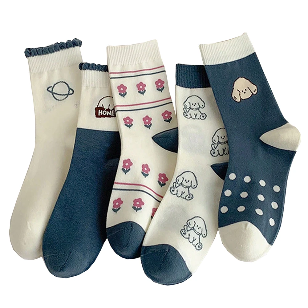 

5 Pair Cartoons Print Socks Women Cute Academic Style Middle Tube Socks Set Fashion Long Cycling Street Wear Female Sokken