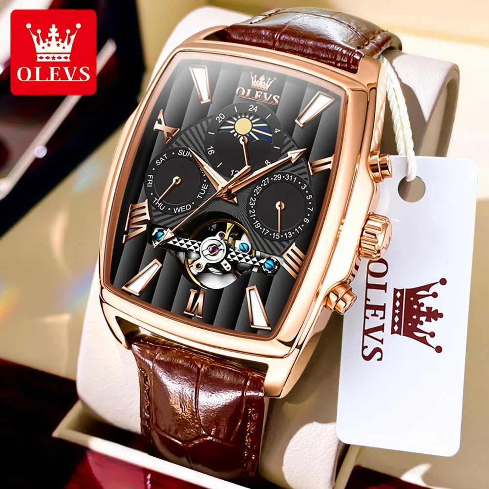 Olevs Novo Relógio Mecânico Automático para Homem à Prova Impermeável Água Luminosa Esqueleto Quadrado Dial Moonsver Cronógrafo Relógio Esportivo Masculino