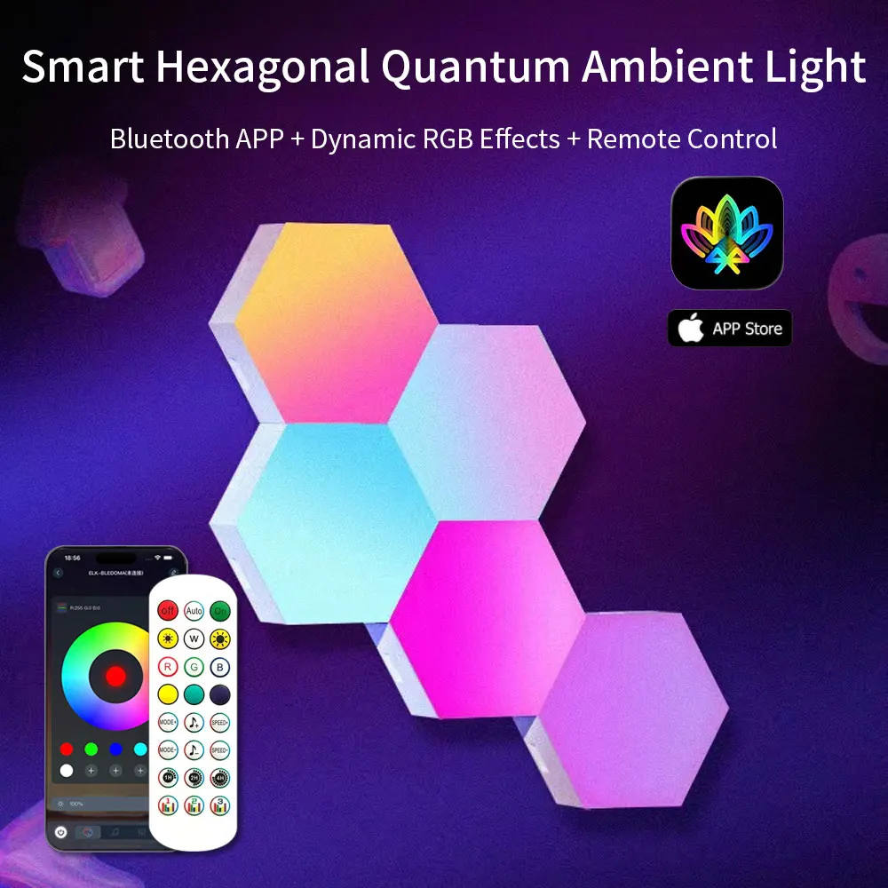 5V Smart RGB Hexagon Wall Light Panels USB Powered – DIY Modular Ambient Lighting, Color Changing with Music Sync & App Control for Bedroom & Game Room