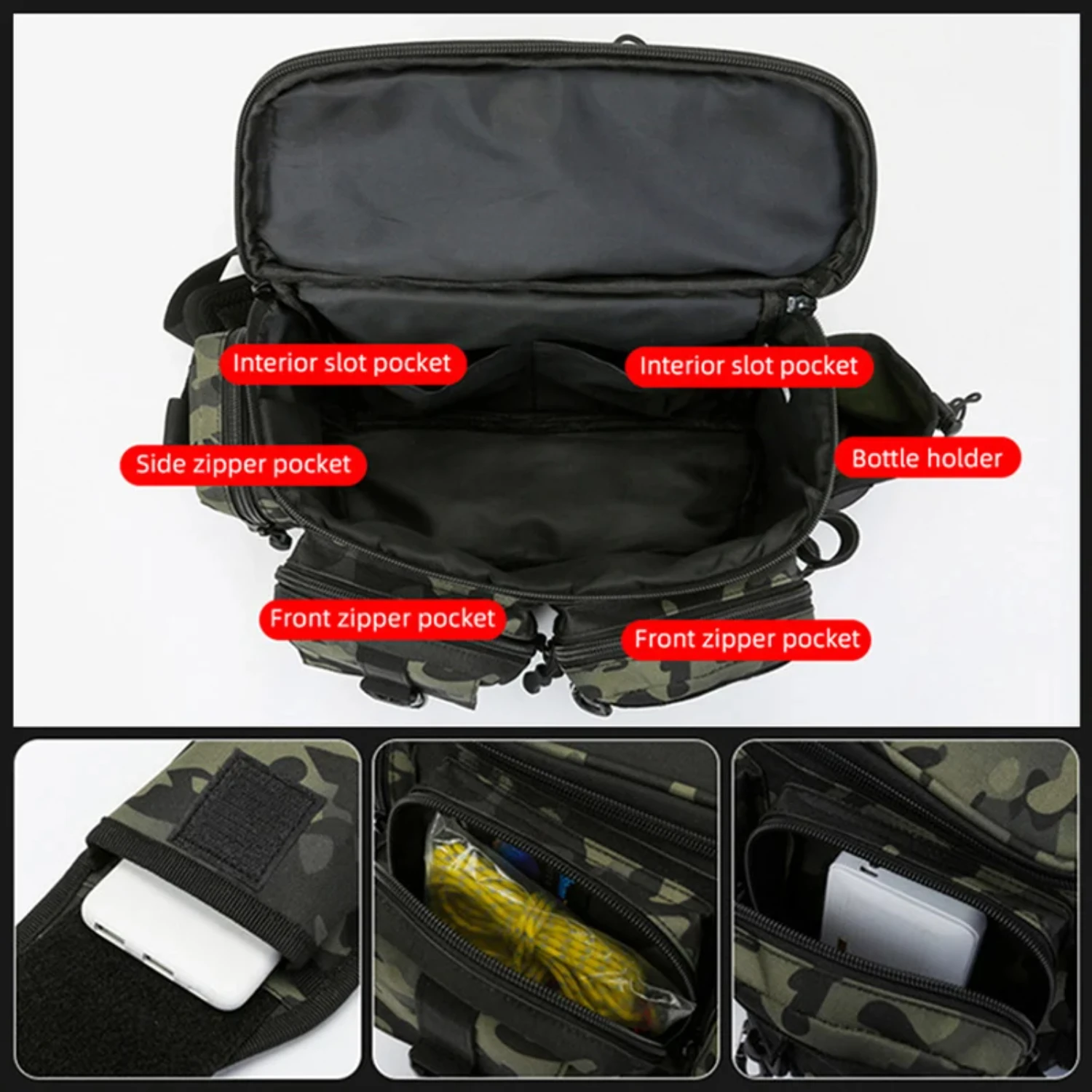 Fishing Fish Lures Gear Rod Molle Outdoor Hiking Camping Travel Men Tactical Waist Pack Large Capacity Shoulder Hunting