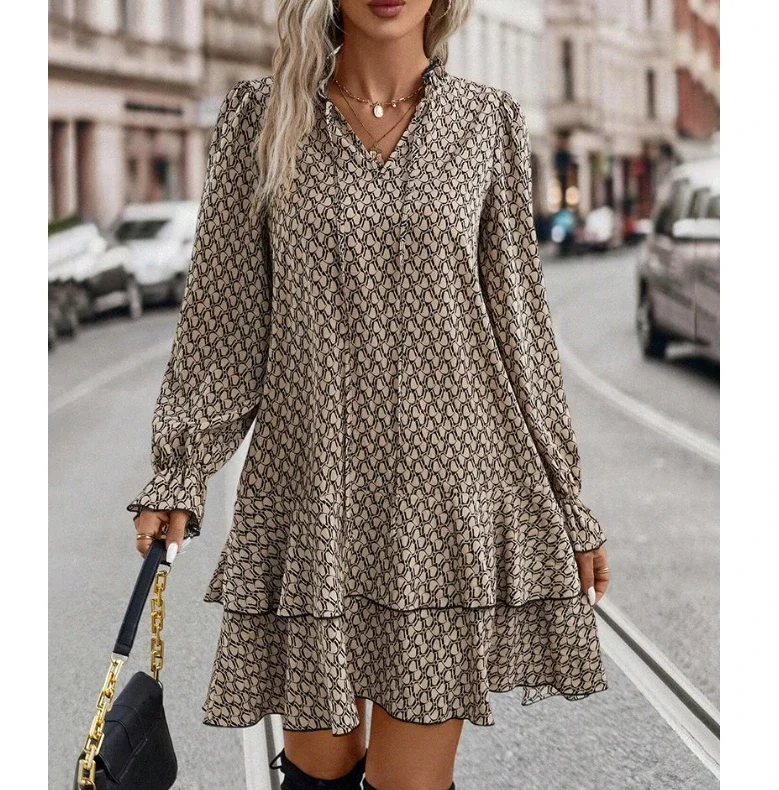 

2023 New Women V-neck Loose Fitting Fashion Versatile Shirt Dress