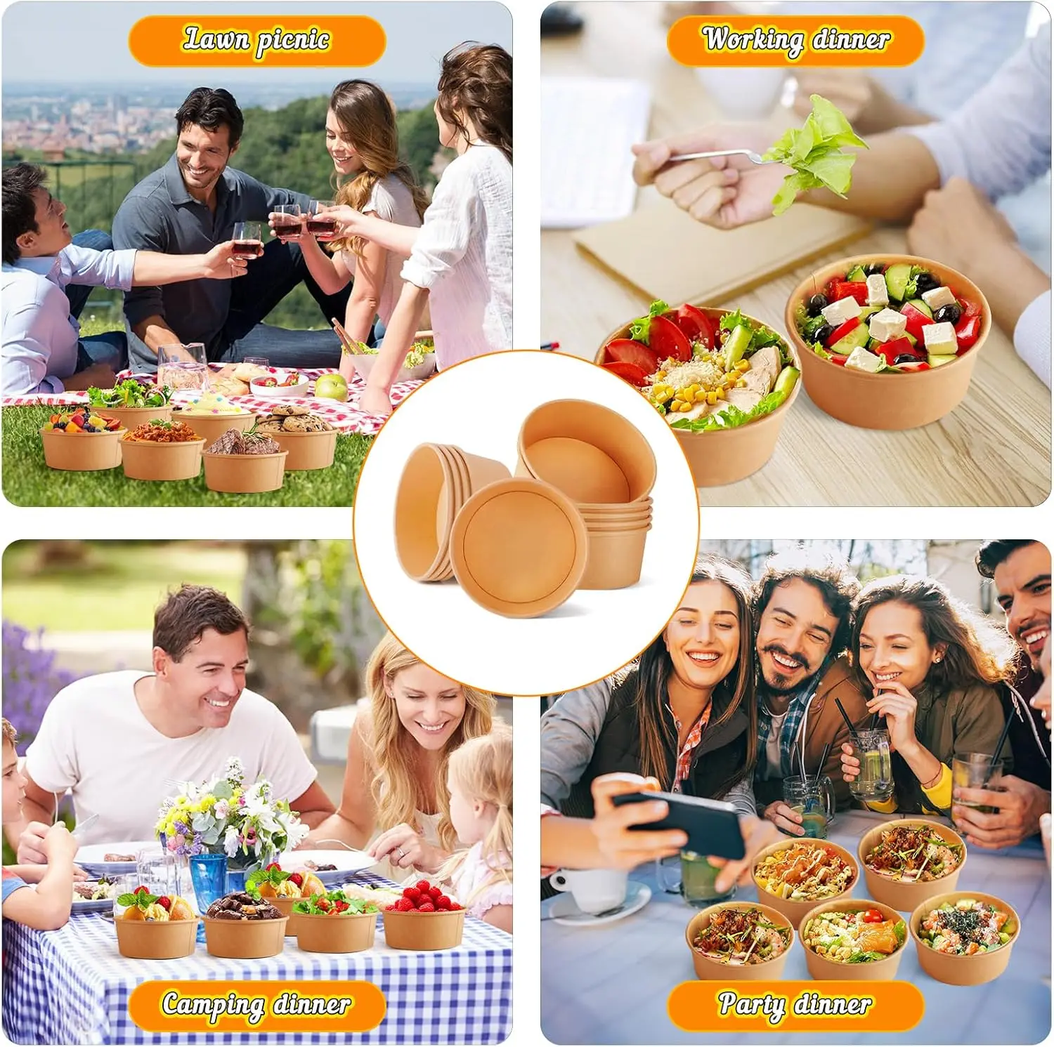 Large Kraft Paper Lunch Box Disposable Bowls for Soup Salad Noodles Ice Cream Packaging Boxes with Lid Food Containers