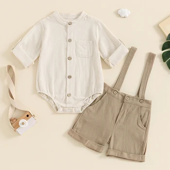 Baby clothing Boys Solid Button Pocket Cotton Linen Bodysuits+Suspender Shorts Set Newborn Outfits 0-24M 1