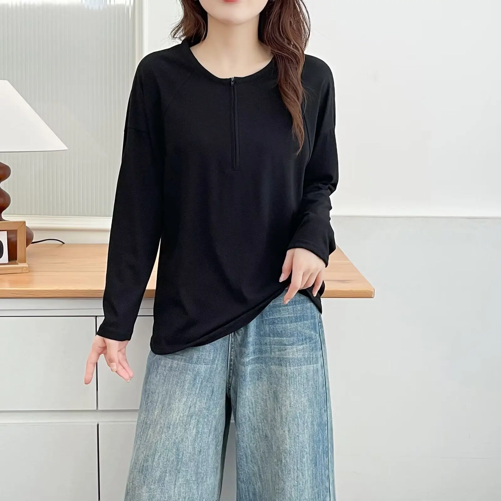 Fashion Plus Size Women's T-Shirt 2025 Autumn New Dotted Zipper semi-open Collar Snowflake Cotton Long Sleeve Tops 325