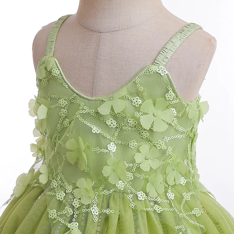 1 to 7Y Tinker Bell Dresses Cosplay Costume Girls Green Gown Elegant Robe with Wing Party Halloween Evenning Princess Clothing