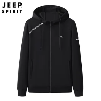 JEEP SPIRIT 남성용 통기성 후드 코트, 캐주얼 스포츠 카디건 스웨터, 루즈 코튼 스탠드 칼라 재킷, 가을 신상 패션