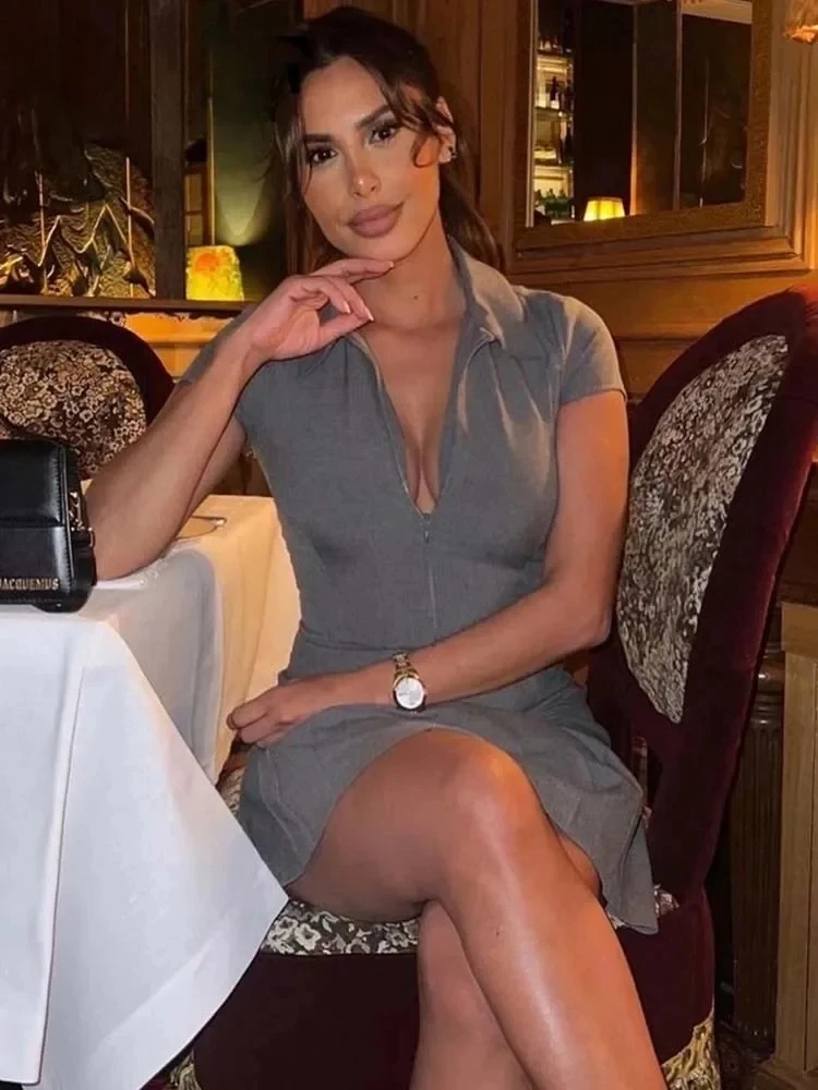 

Траф, серые плиссированные короткие платья для женщин с коротким рукавом, цельнокроеное платье, женские платья с молнией спереди, женское шикарное мини-платье с лацканами