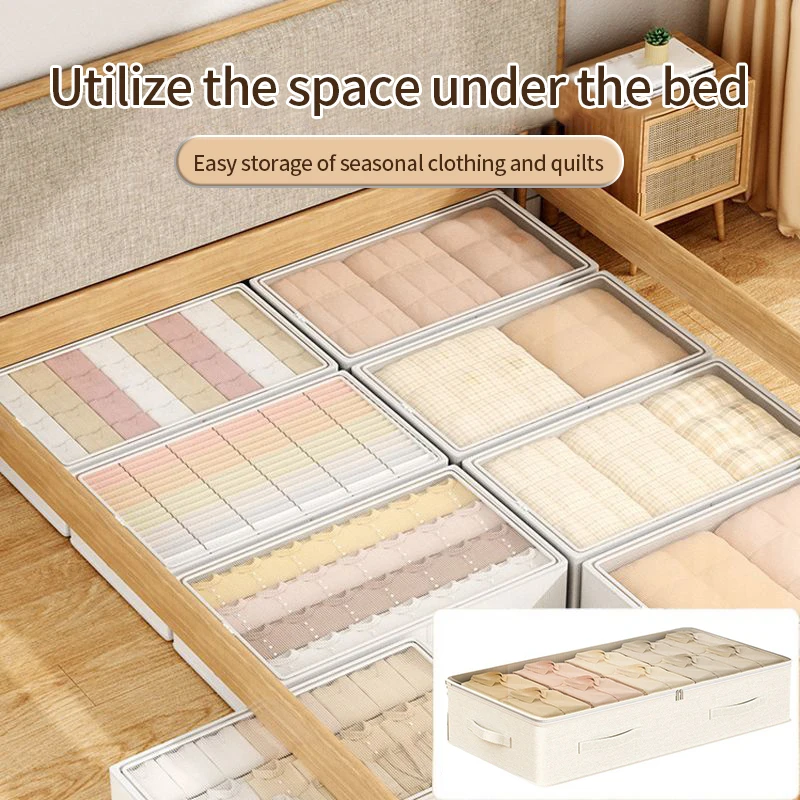 Beige Clothes Storage Bag Cotton linen Wardrobe  Quilt Clothing Organizer  Underwear Sock Box with Transparent Dust Cover 5