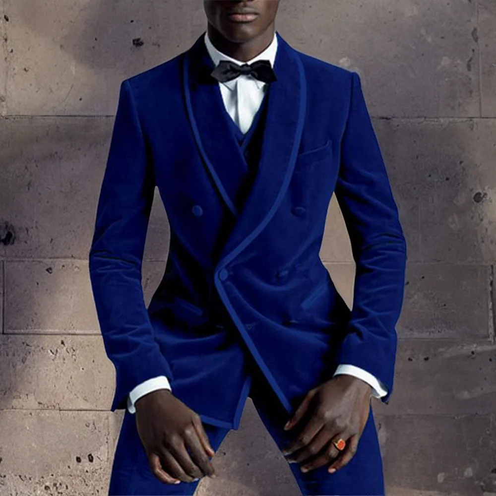 

Double Breasted Velvet Men Suits Slim Fit Wedding Tuxedos for Prom Stage 3 Piece Royal Blue Male Smoking Jacket Vest Pant 2023