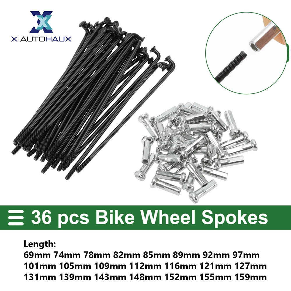 X Autohaux Bike Wheel Spokes 69/74/78/82/85/89/92/97/101/105/109/112/116mm Length Bicycle Spokes Nipple Carbon Steel Black