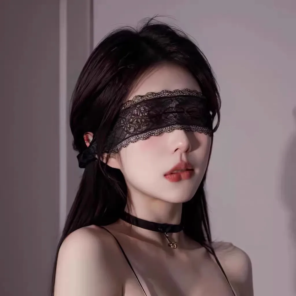 Black lace blindfold styled as a mysterious accessory for cosplay and party looks