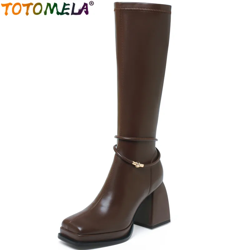 

TOTOMELA 2022 New Zipper Knee High Platform Stretch Boots Vintage Stretch Fabric Women Boots Winter Thick High Heels Shoes