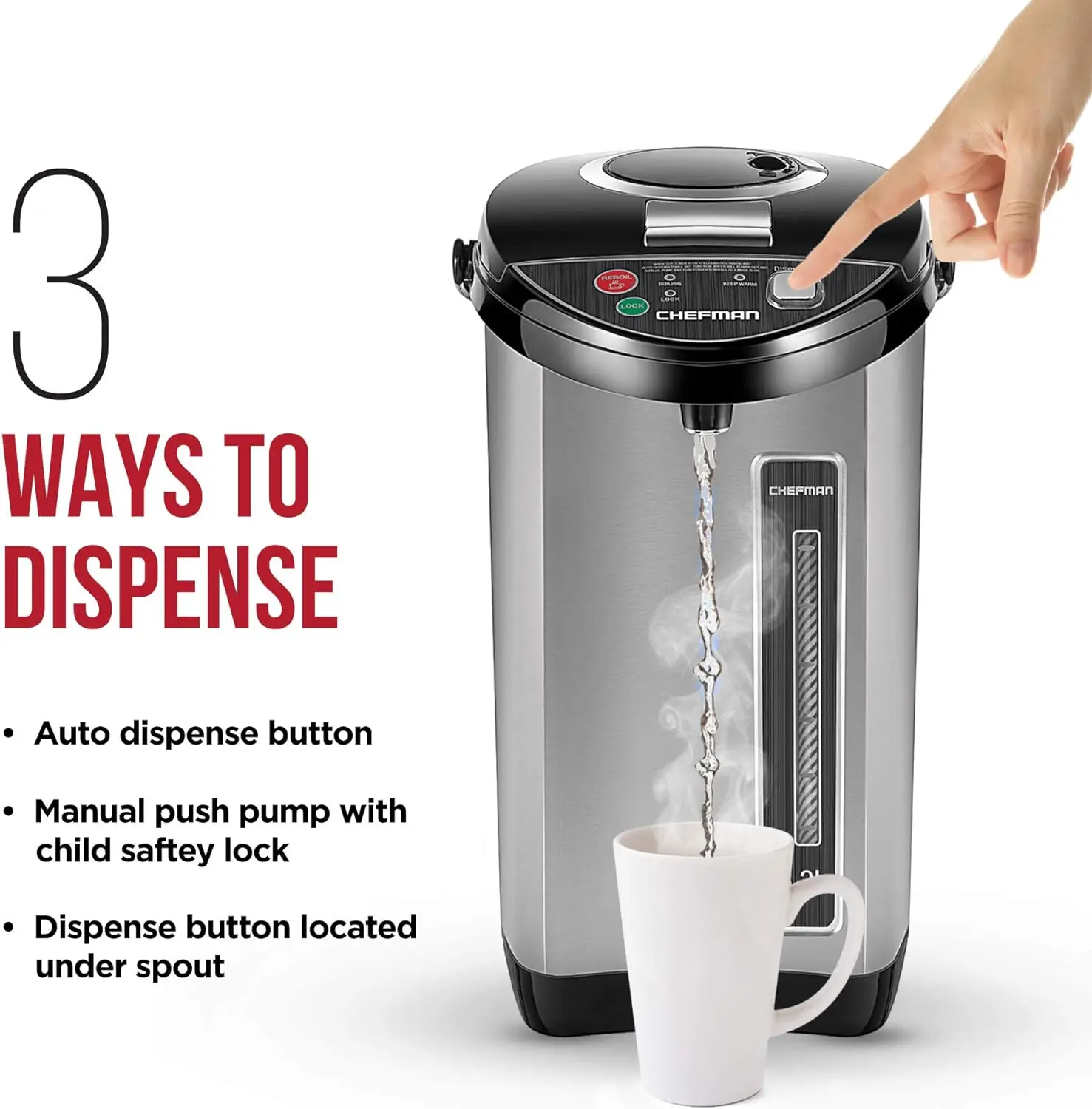 Chef electric kettle urn with automatic and manual dispensing buttons, safety lock, instant heating of coffee and tea